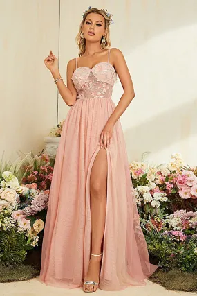 A-Line Spaghetti Straps Blush Prom Dress with Slit