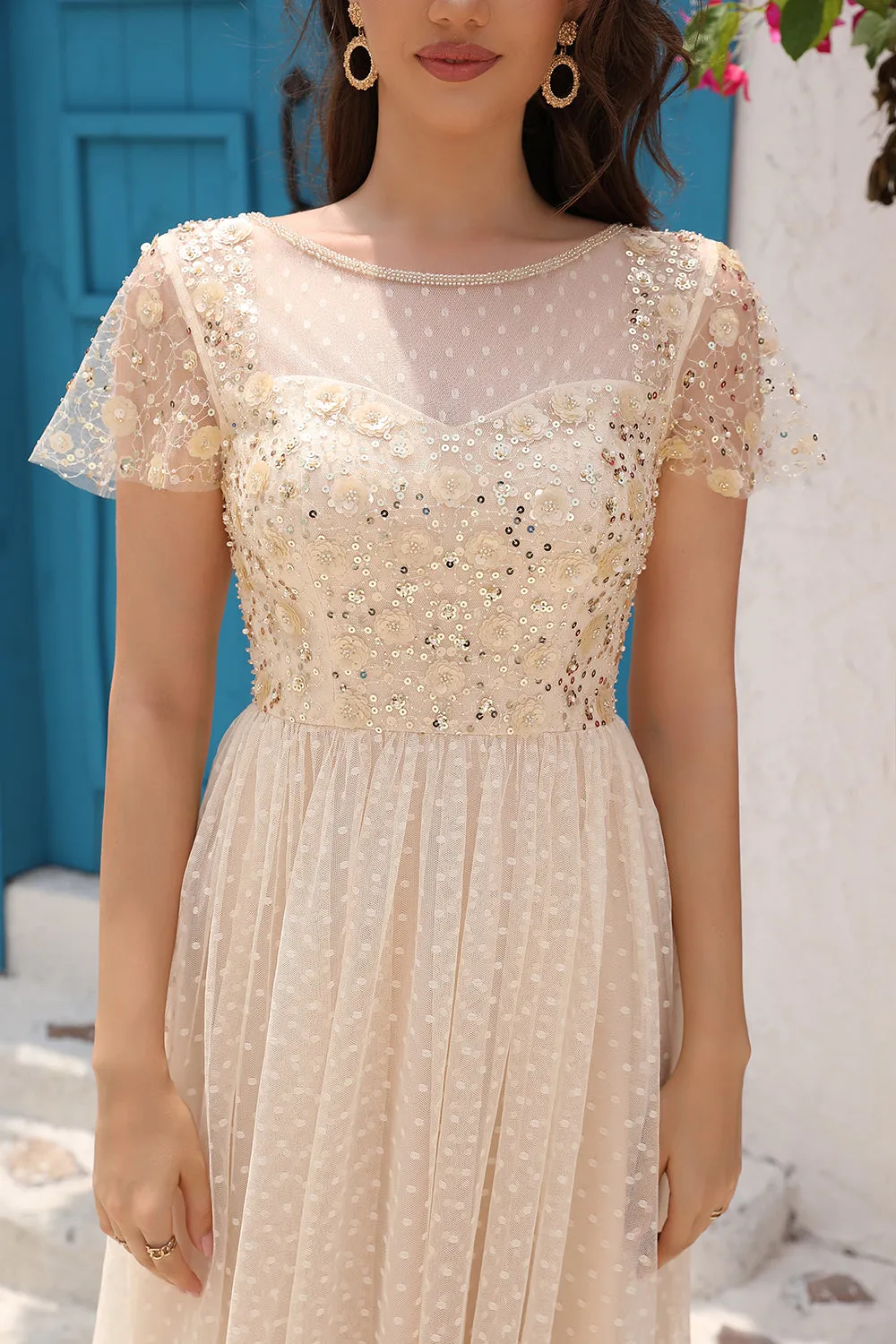 A Line Tulle Apricot Sequins Formal Prom Dress with Appliques