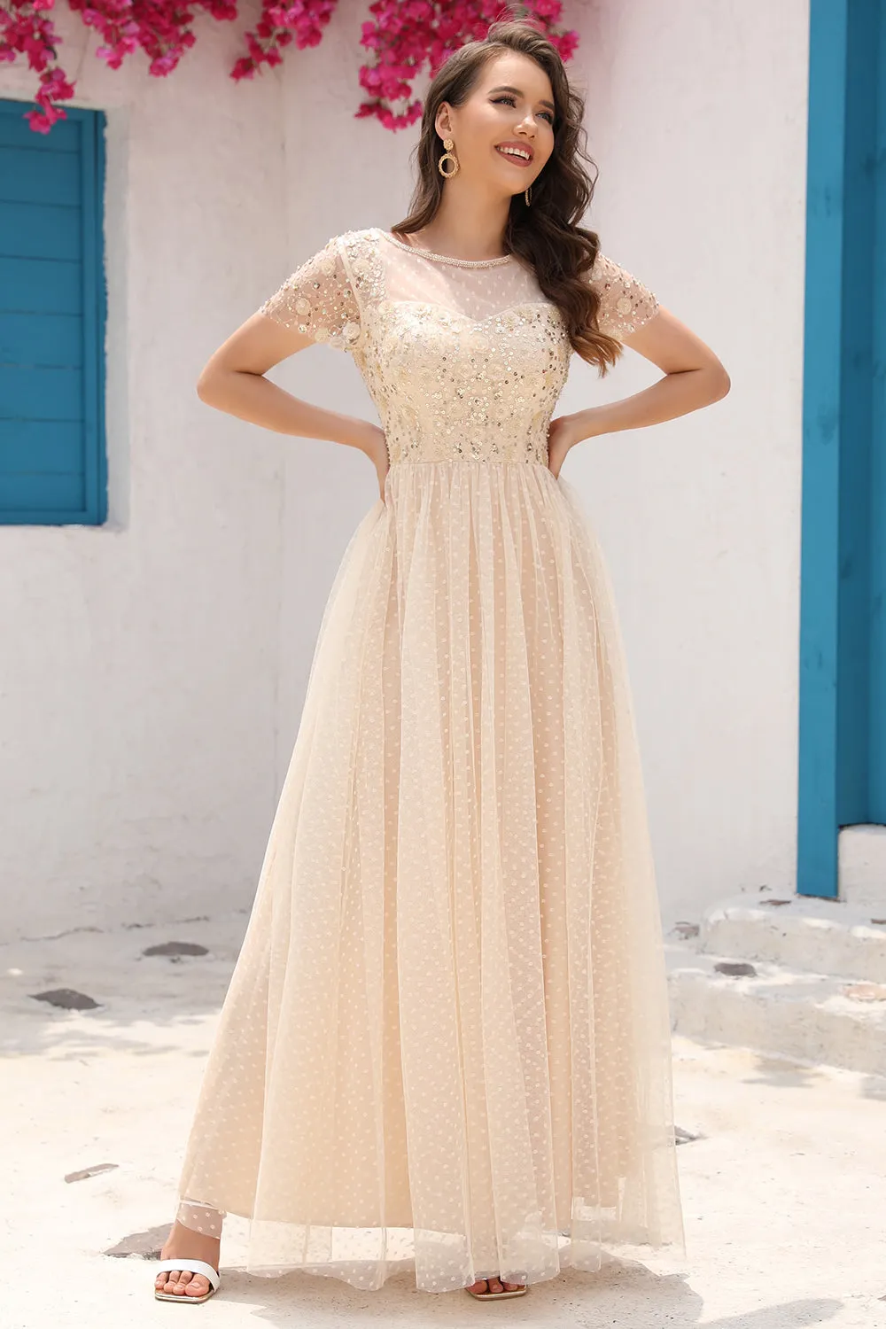 A Line Tulle Apricot Sequins Formal Prom Dress with Appliques