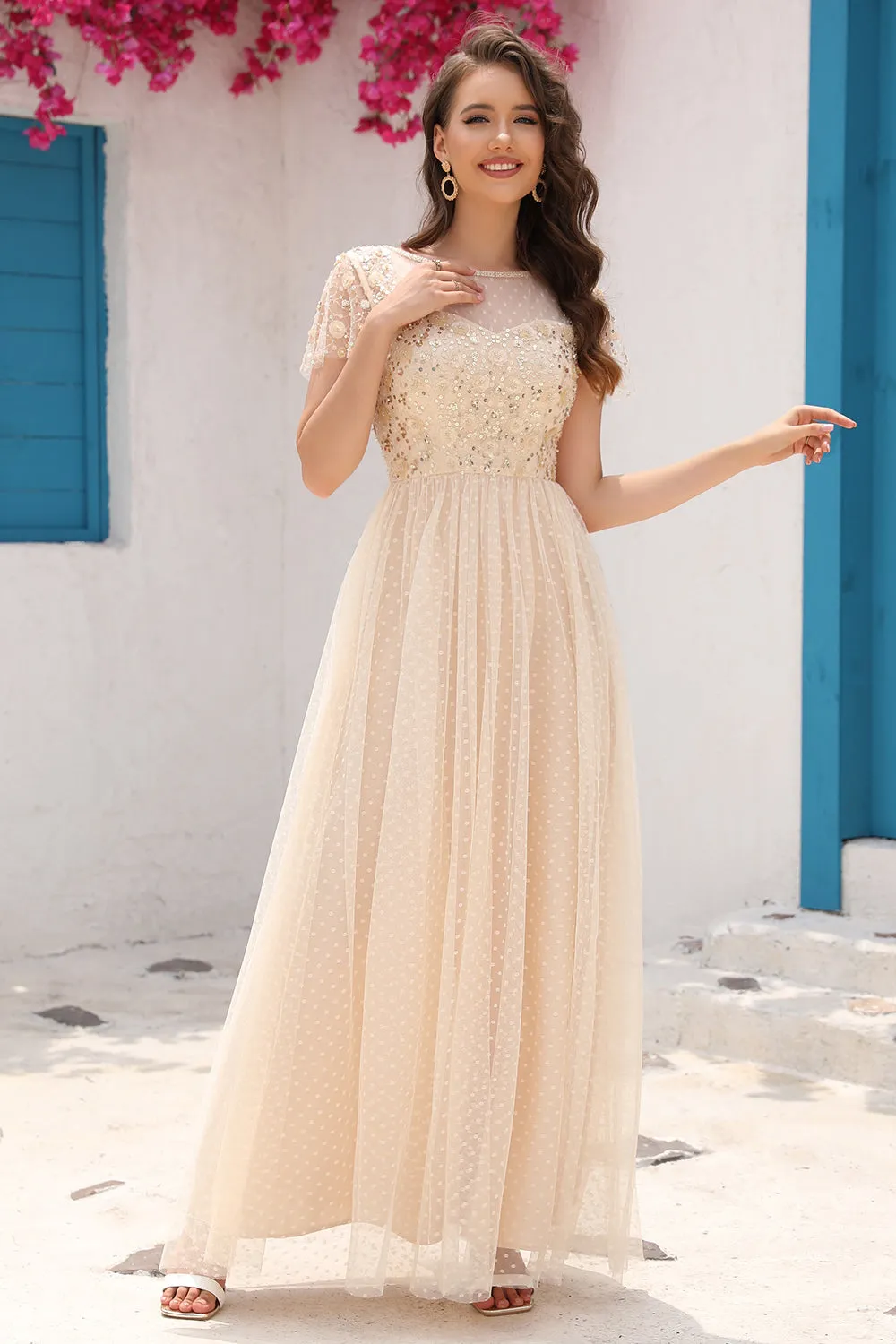 A Line Tulle Apricot Sequins Formal Prom Dress with Appliques