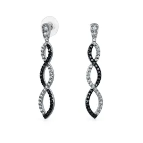 Black Linear Infinity Twist Drop Earrings Prom Pave CZ Silver Plated