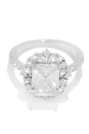 Diamante Rhodium Plated CZ Square Ring - Silver