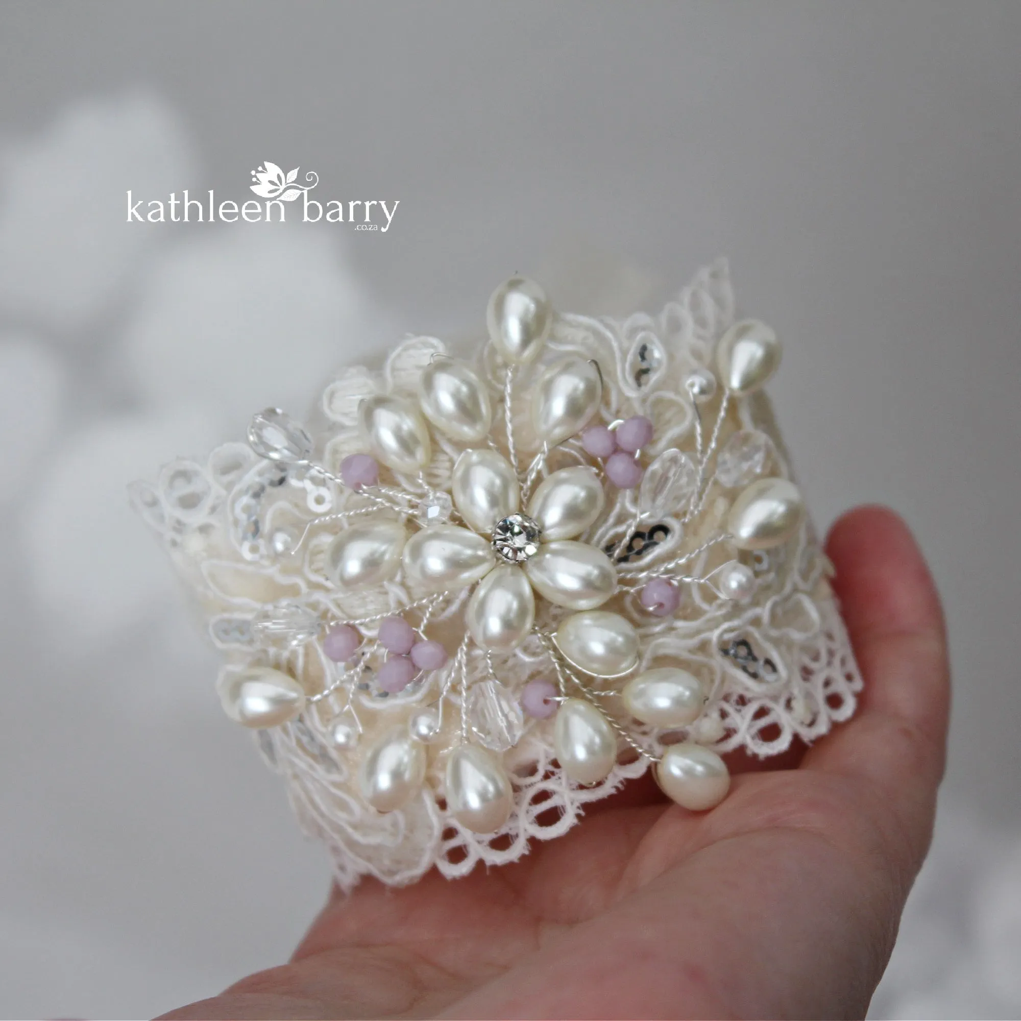 Diane lace and pearl cuff bracelet - hint of soft mauve crystals or your color choice.