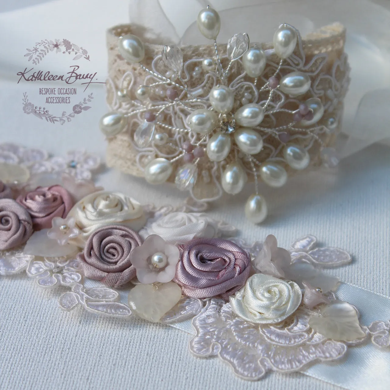 Diane lace and pearl cuff bracelet - hint of soft mauve crystals or your color choice.