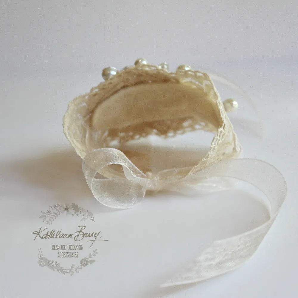 Diane lace and pearl cuff bracelet - hint of soft mauve crystals or your color choice.