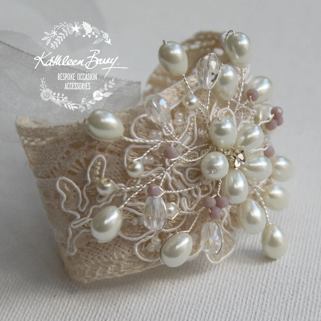 Diane lace and pearl cuff bracelet - hint of soft mauve crystals or your color choice.