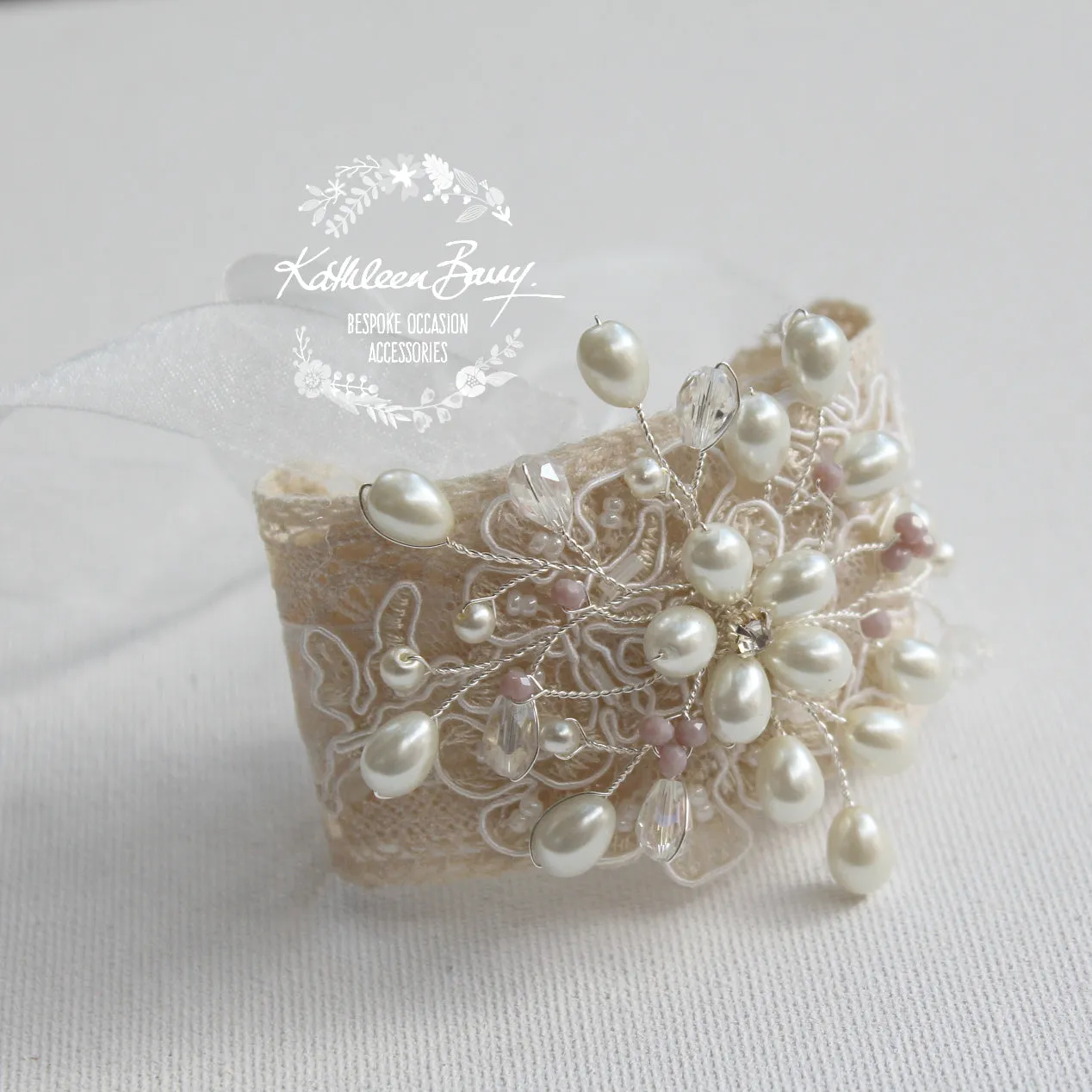 Diane lace and pearl cuff bracelet - hint of soft mauve crystals or your color choice.