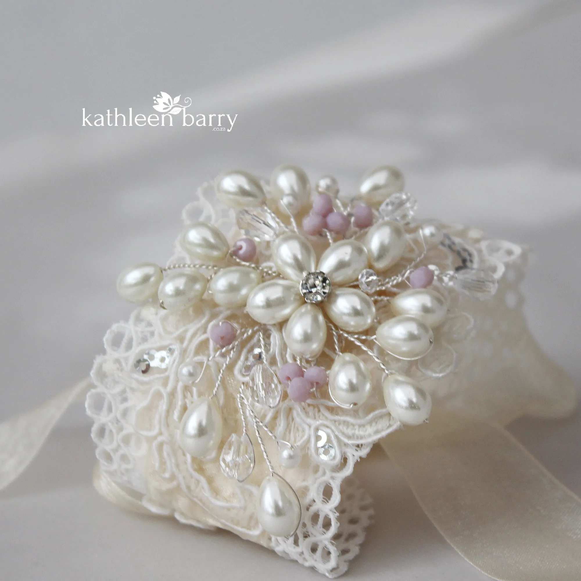 Diane lace and pearl cuff bracelet - hint of soft mauve crystals or your color choice.