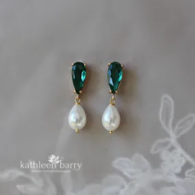 Emerald green cut glass pearl drop earrings - only available in gold limited edition