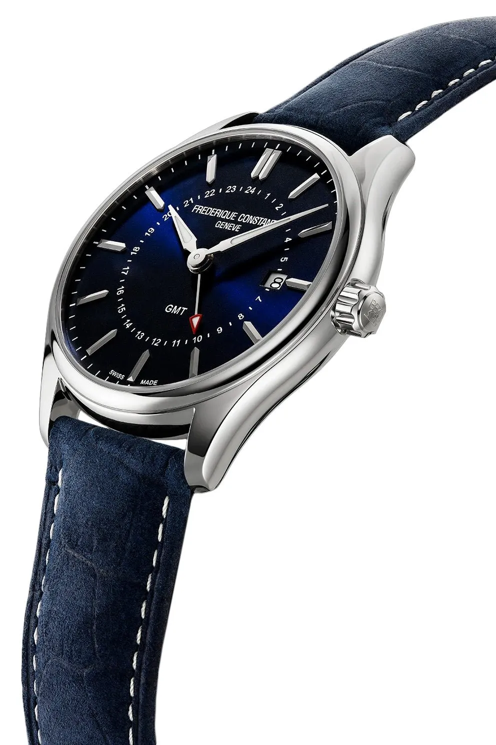 Frederique Constant Classics GMT Stainless Steel Blue Dial Blue Leather Strap Date Quartz Mens Watch FC-252NS5B6