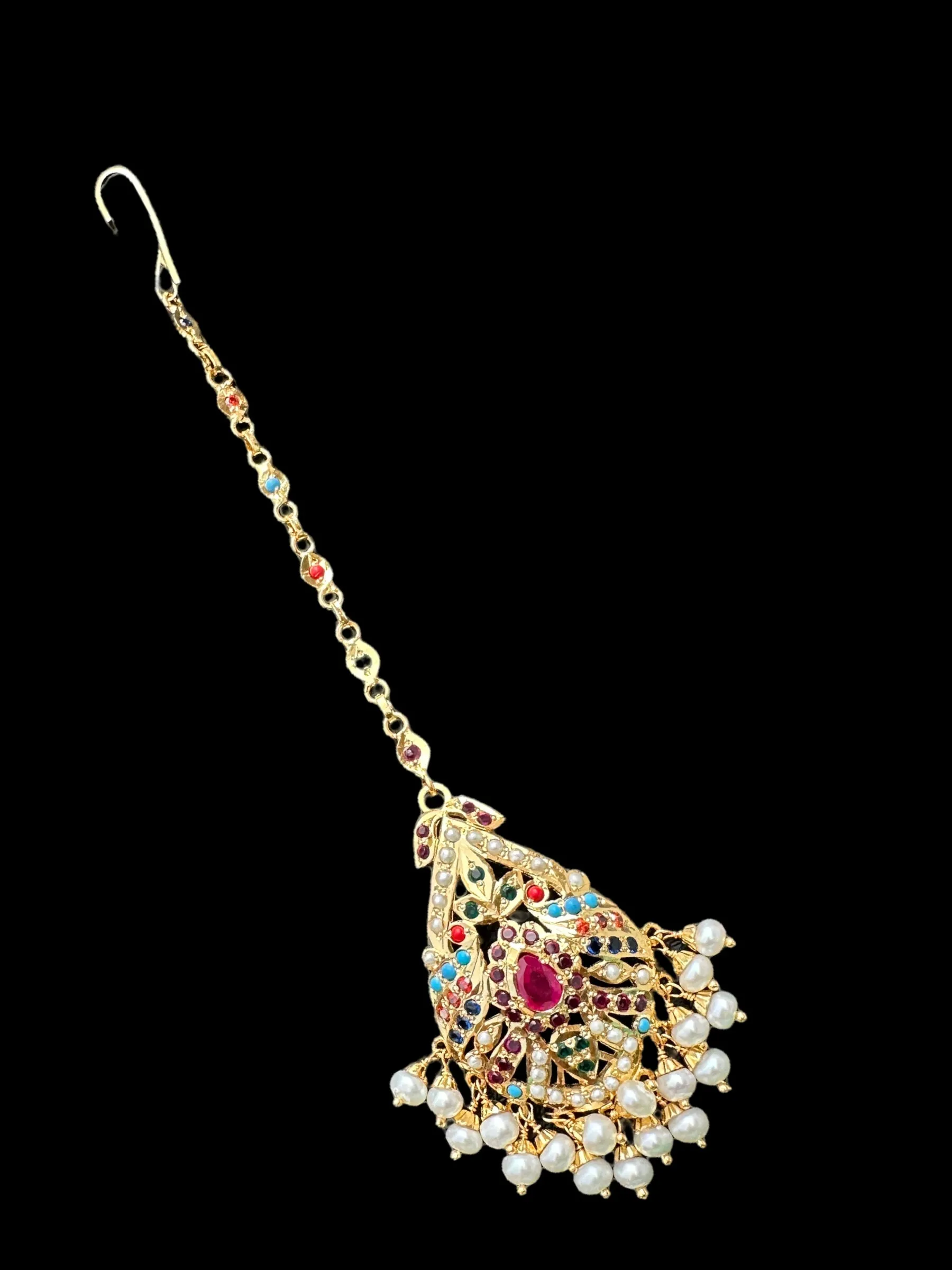 Gold plated silver tika in navratan ( READY TO SHIP )