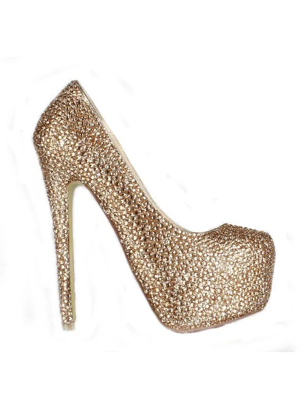 Gold Sheepskin Platform With Rhinestone High Heels OS116