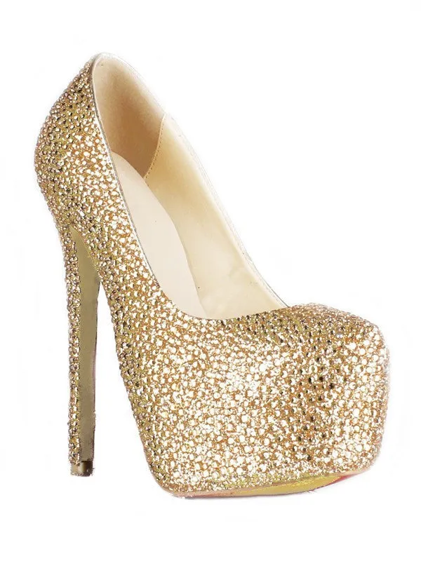 Gold Sheepskin Platform With Rhinestone High Heels OS116