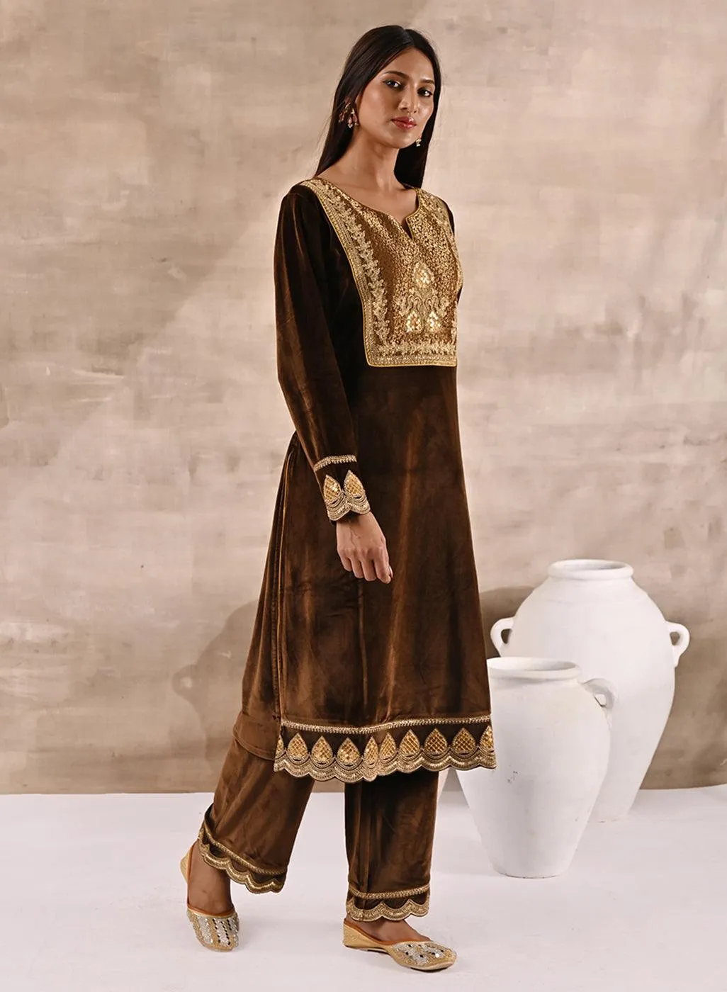 Golden Velvet Kurta Set With Heavy Front Yoke Zari Embroidery