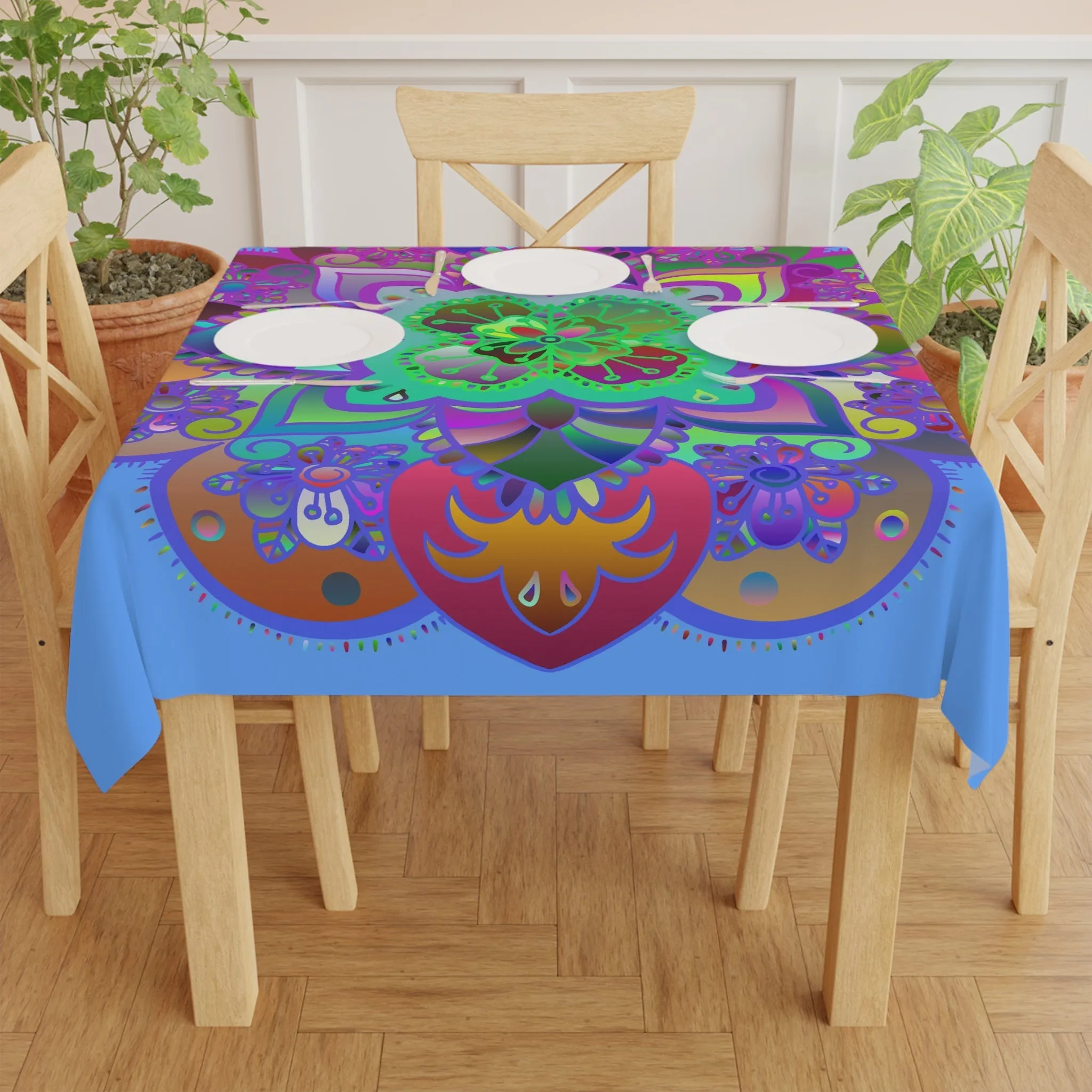 Hand-Drawn Light Blue Mandala Tablecloth Square