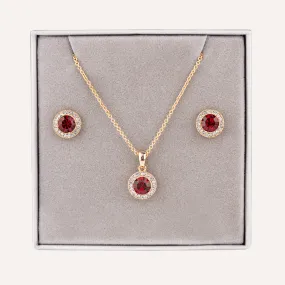 July Ruby-Colour Birthstone Necklace & Earring Set In Gold-Tone