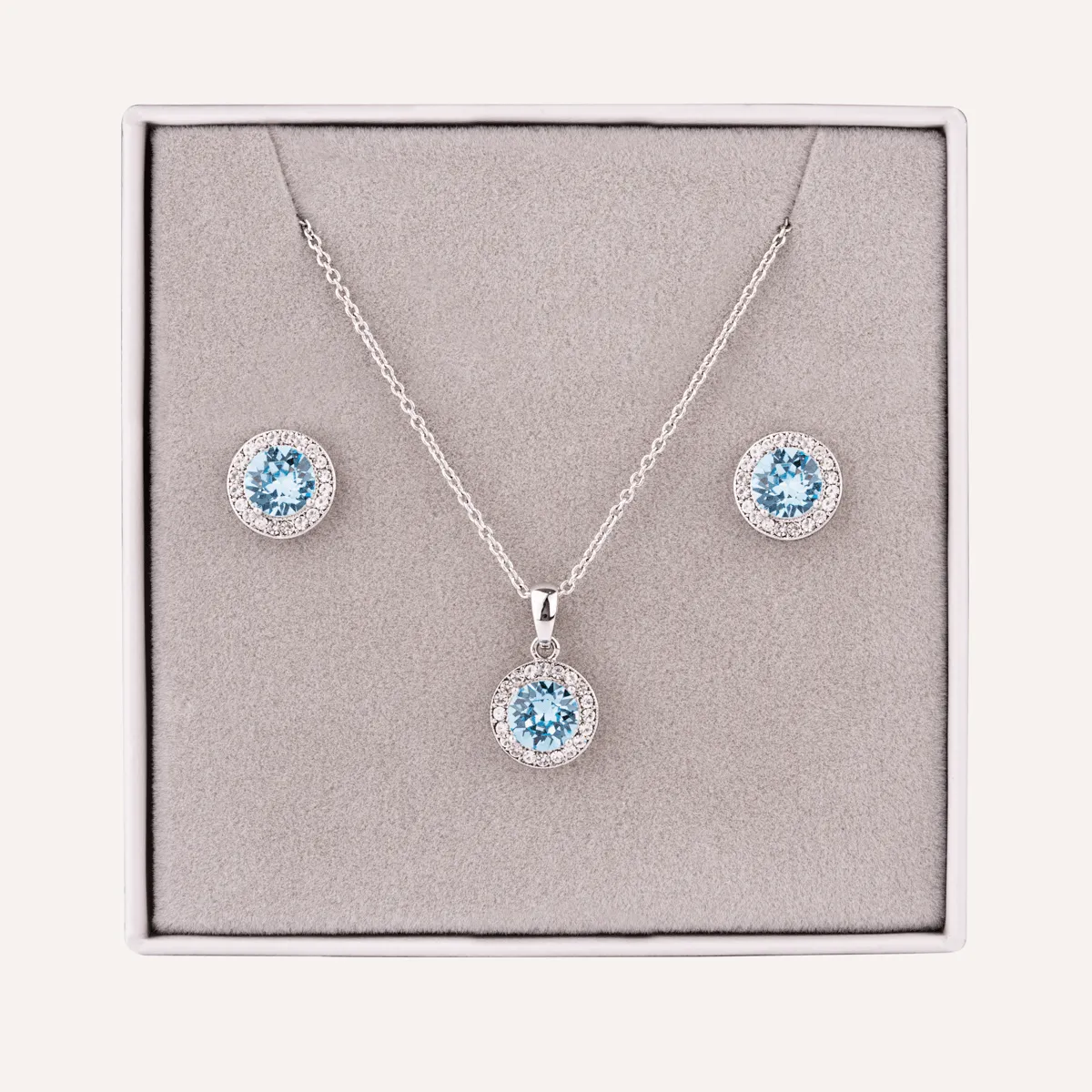 March Aquamarine-Colour Birthstone Necklace & Earring Set In Silver-Tone