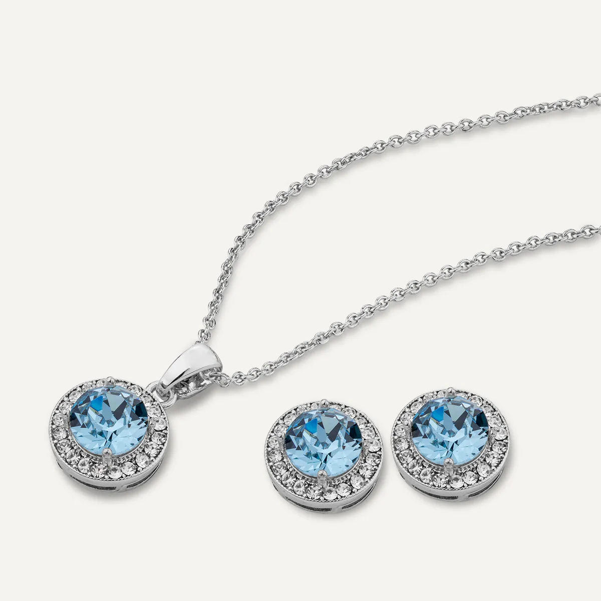 March Aquamarine-Colour Birthstone Necklace & Earring Set In Silver-Tone