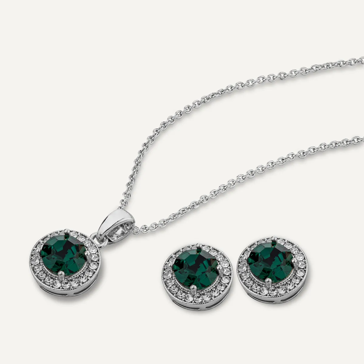 May Emerald-Colour Birthstone Necklace & Earring Set In Silver-Tone