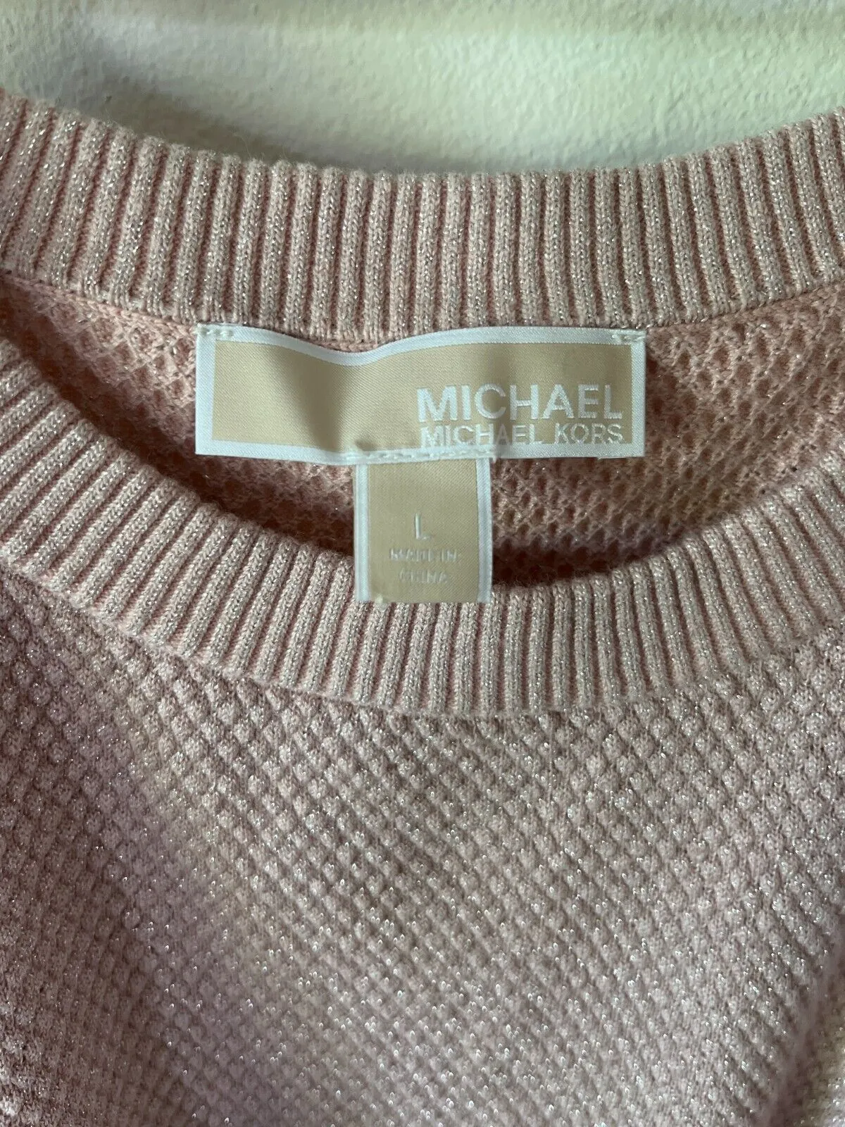 MICHAEL KORS Blush Pink & Silver Glitter Cold Shoulder tunic Knit Sweater Size S