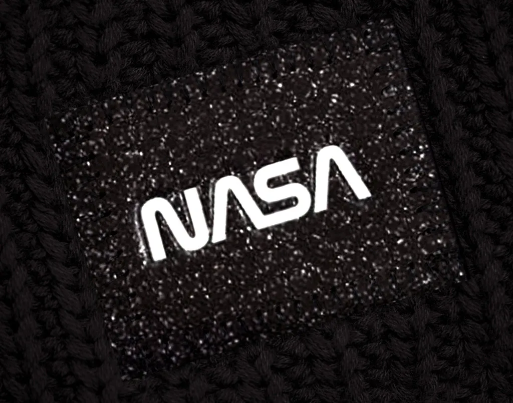 NASA Black Glitter Patch Pom Beanie