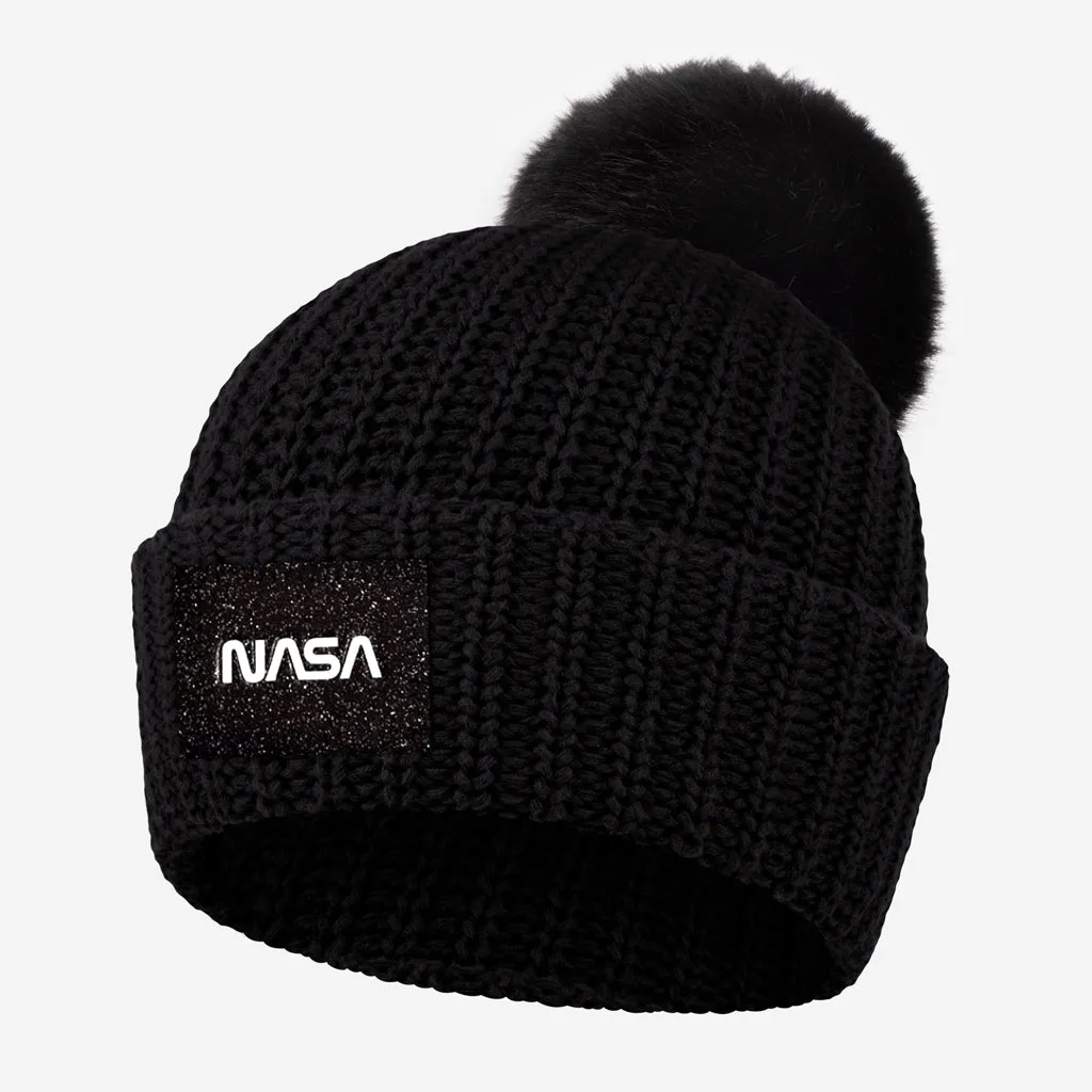 NASA Black Glitter Patch Pom Beanie