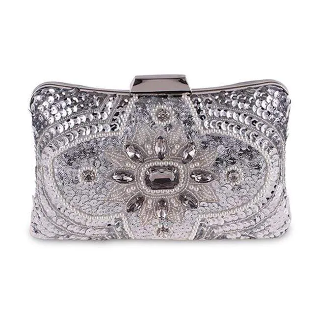 New Glitter Women Beaded Clutch Silver Evening Bags With Chains