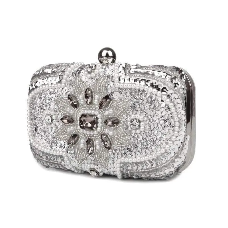 New Glitter Women Beaded Clutch Silver Evening Bags With Chains