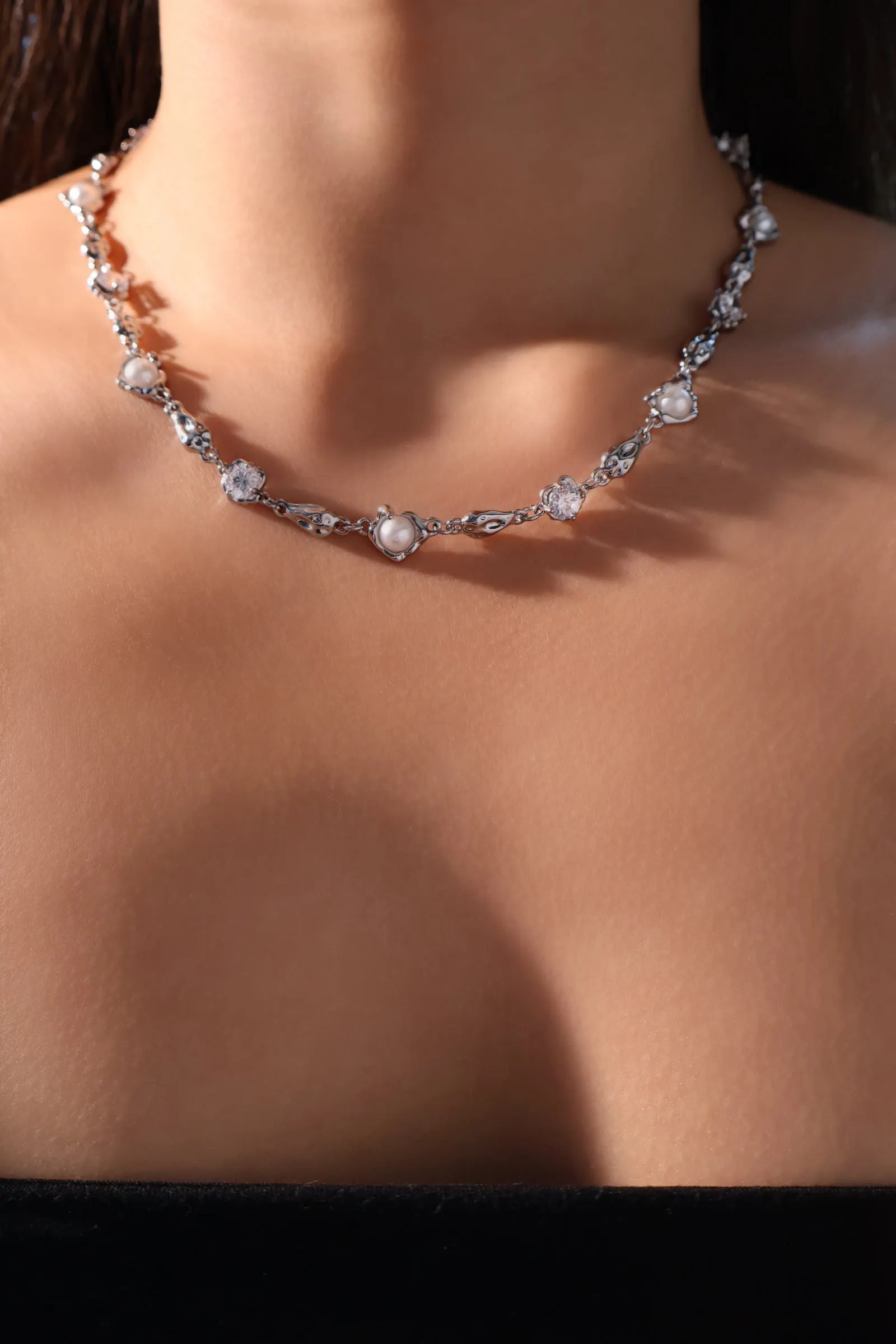 Platinum Plated Multi Diamond Pearl Necklace