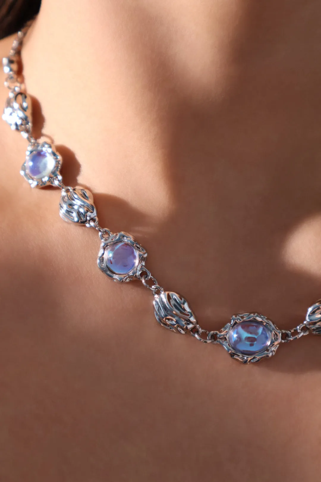 Platinum Plated Multi Moonstone Shell Necklace