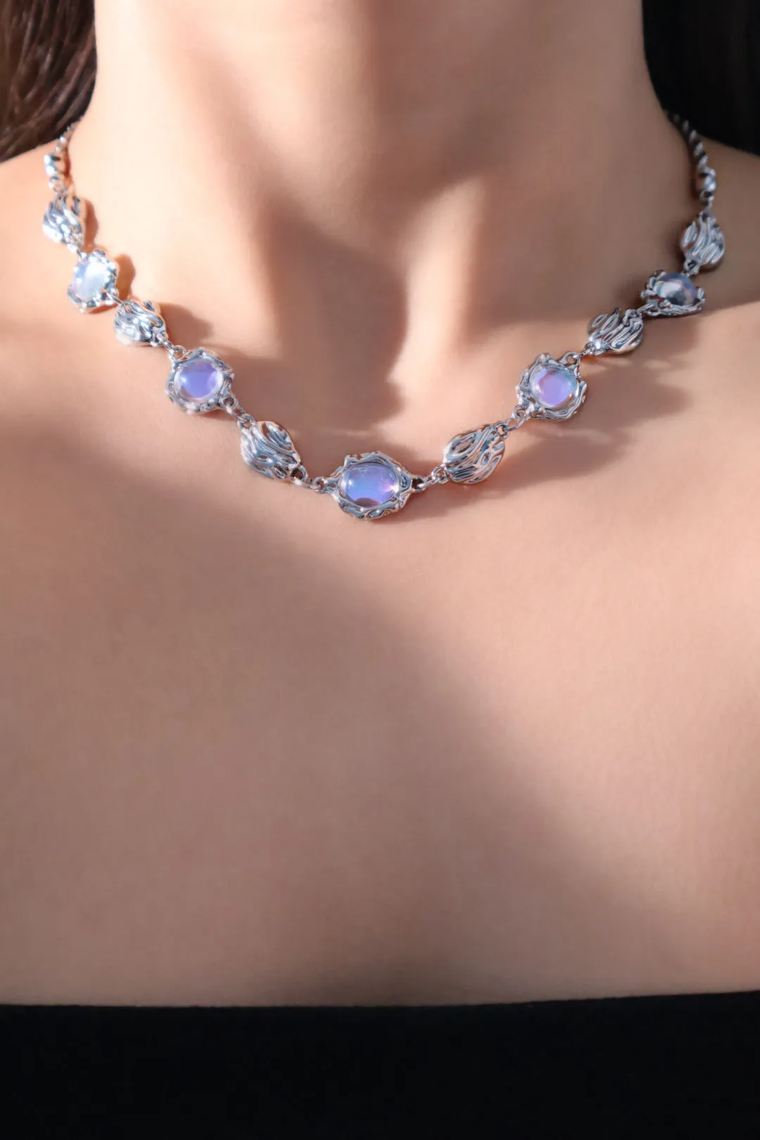 Platinum Plated Multi Moonstone Shell Necklace