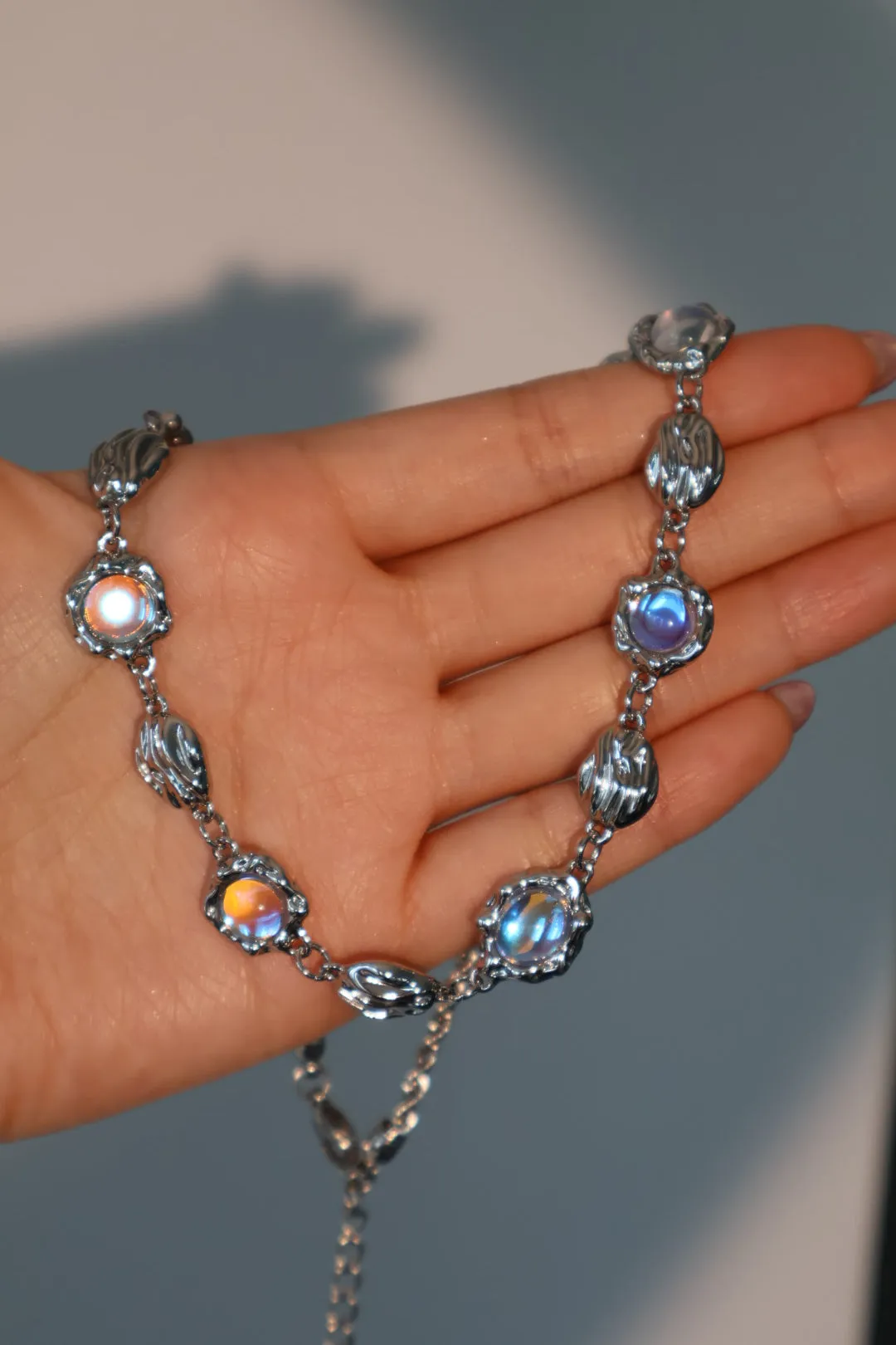 Platinum Plated Multi Moonstone Shell Necklace