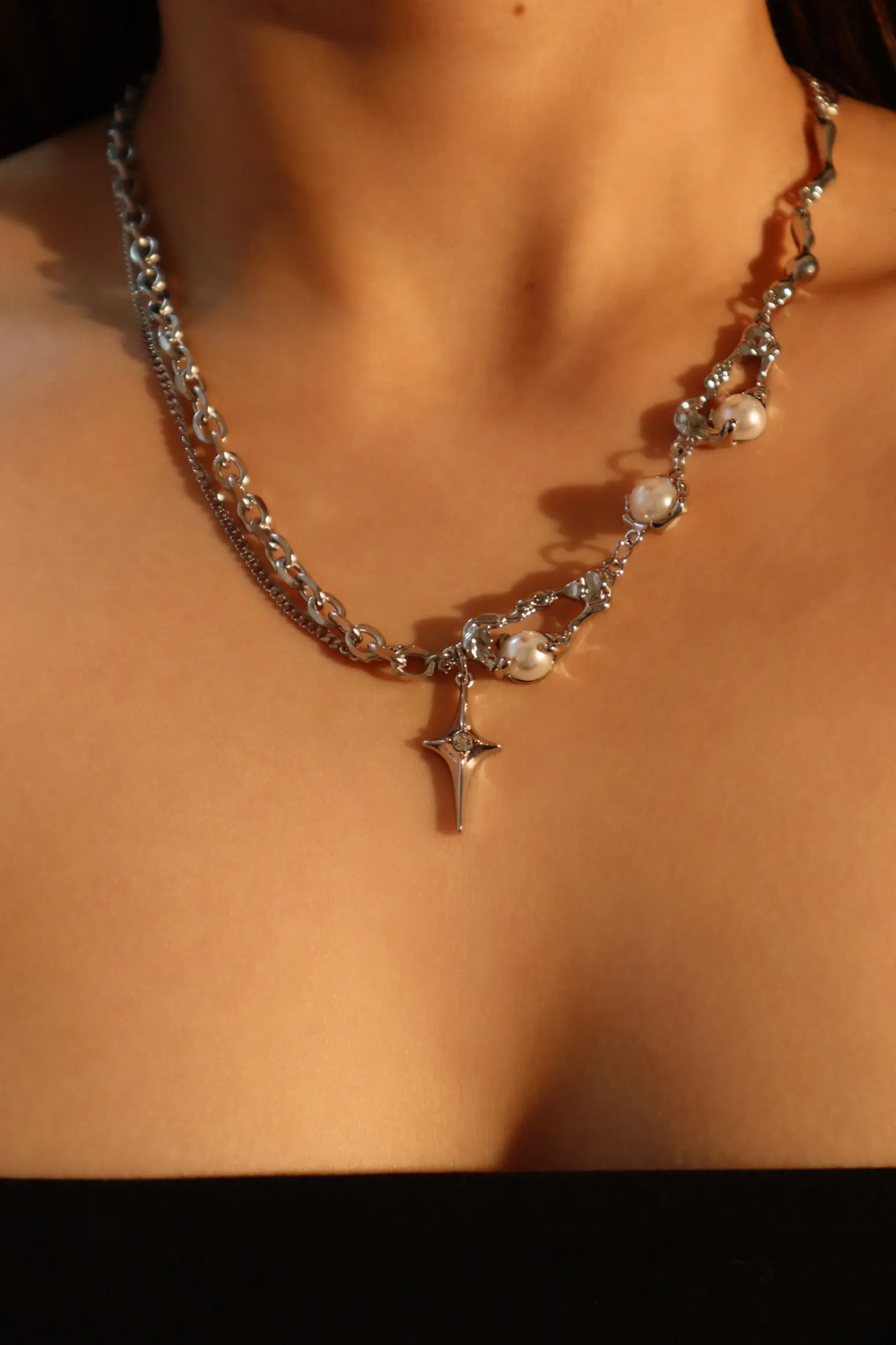 Platinum Plated Pearl Star Necklace