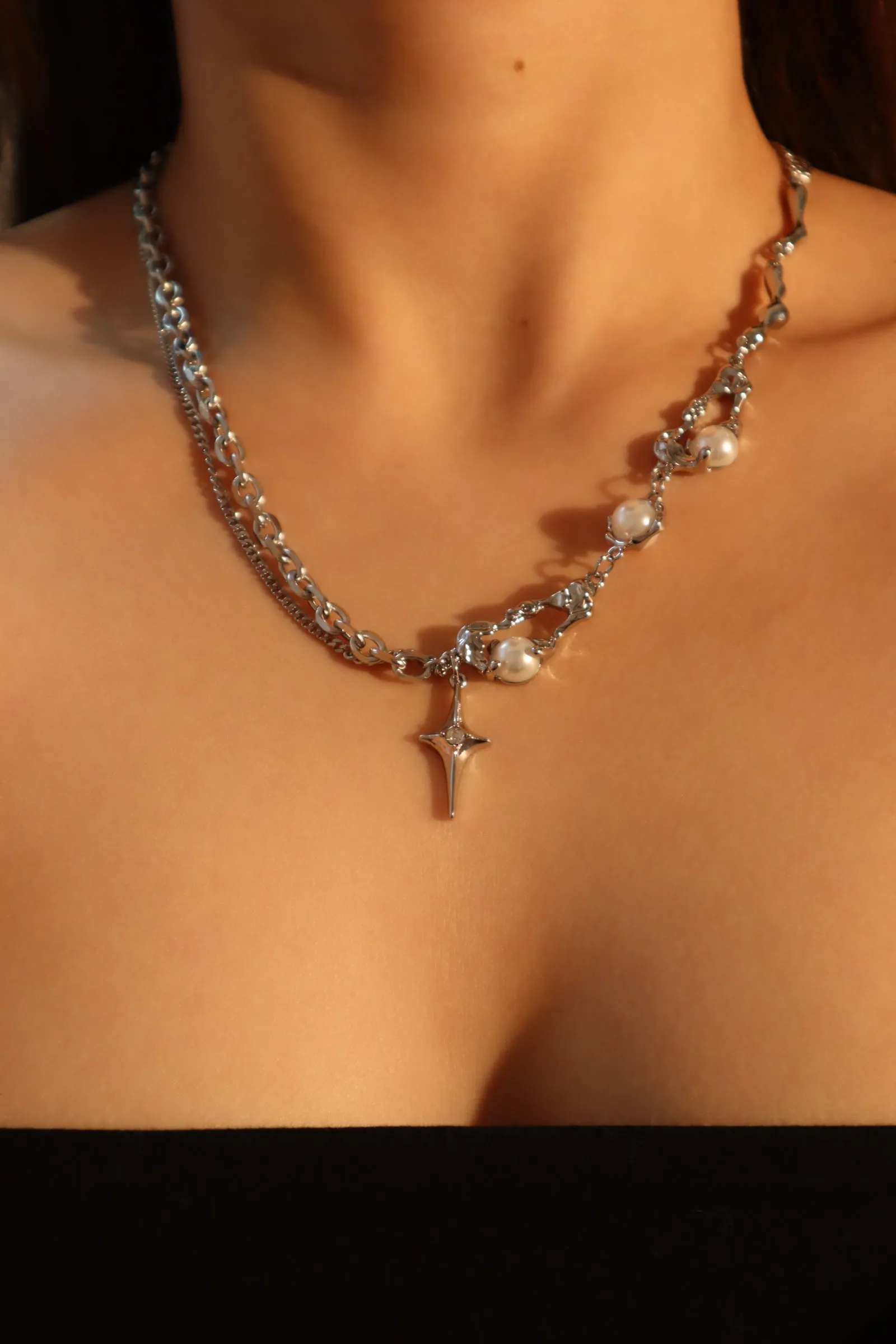 Platinum Plated Pearl Star Necklace