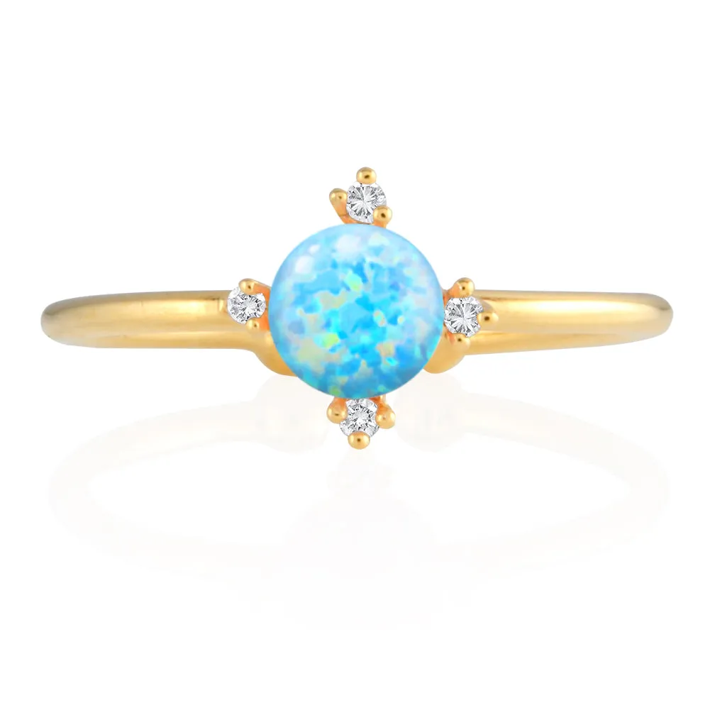 Simple Created Opal and CZ Adjustable Ring 14K Gold Plated