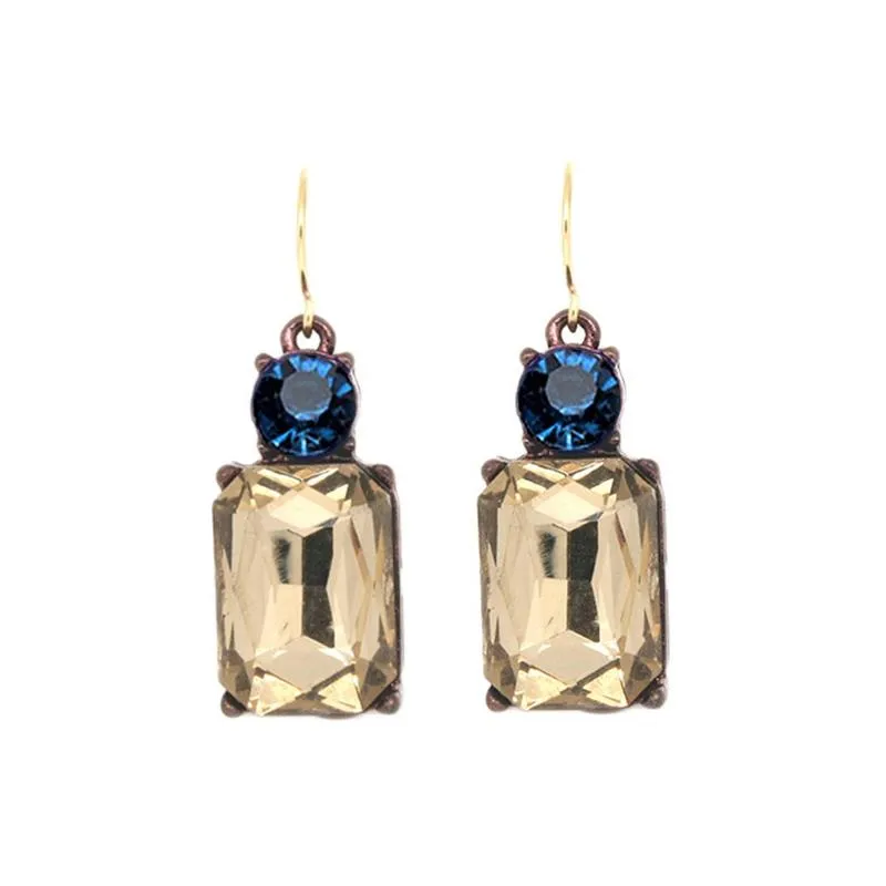 Twin Gem Crystal Drop Earrings in Antique Gold In Smoke & Deep Blue